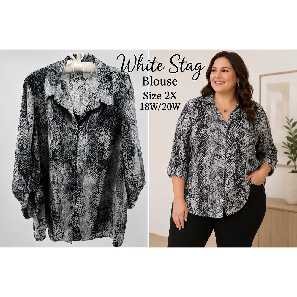 White Stag Snakeskin Black 3/4 Roll Tab Slv Button Up Blouse 2X 18W/20W Layered